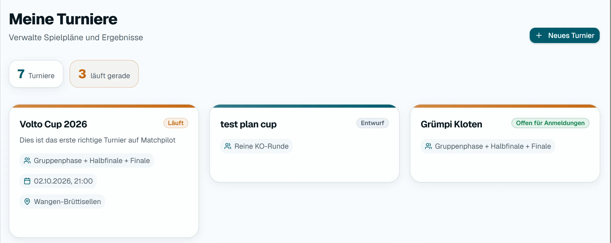 Dashboard «Meine Turniere» mit Übersichtskarten und dem Button «Neues Turnier».