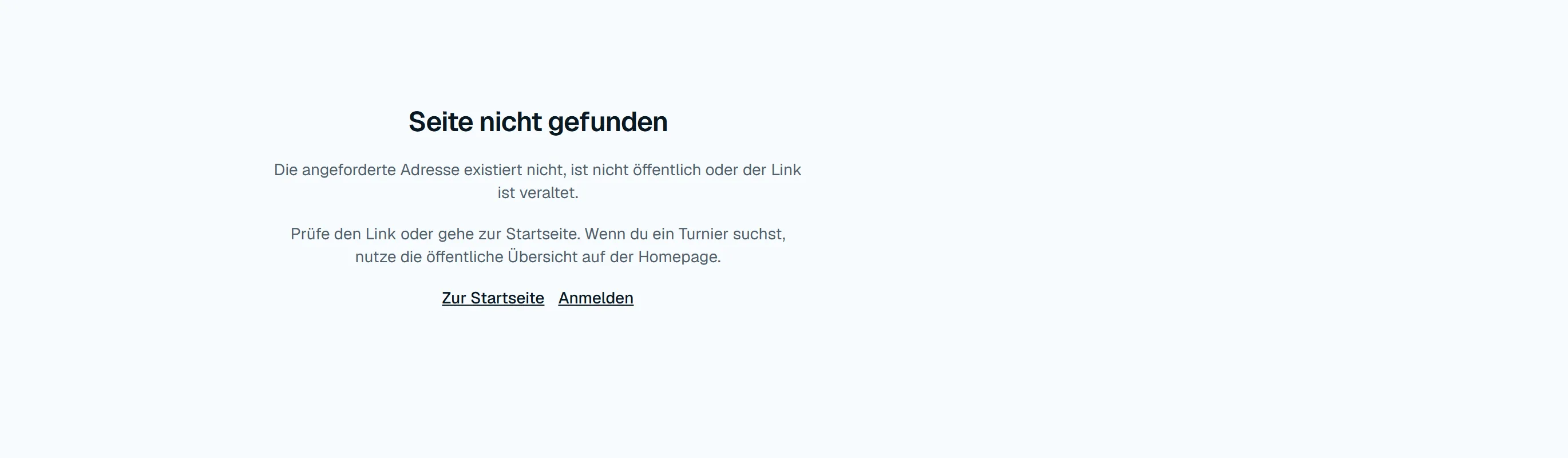 Meldung «Seite nicht gefunden», wenn ein öffentlicher Turnier-Link fehlt oder veraltet ist.