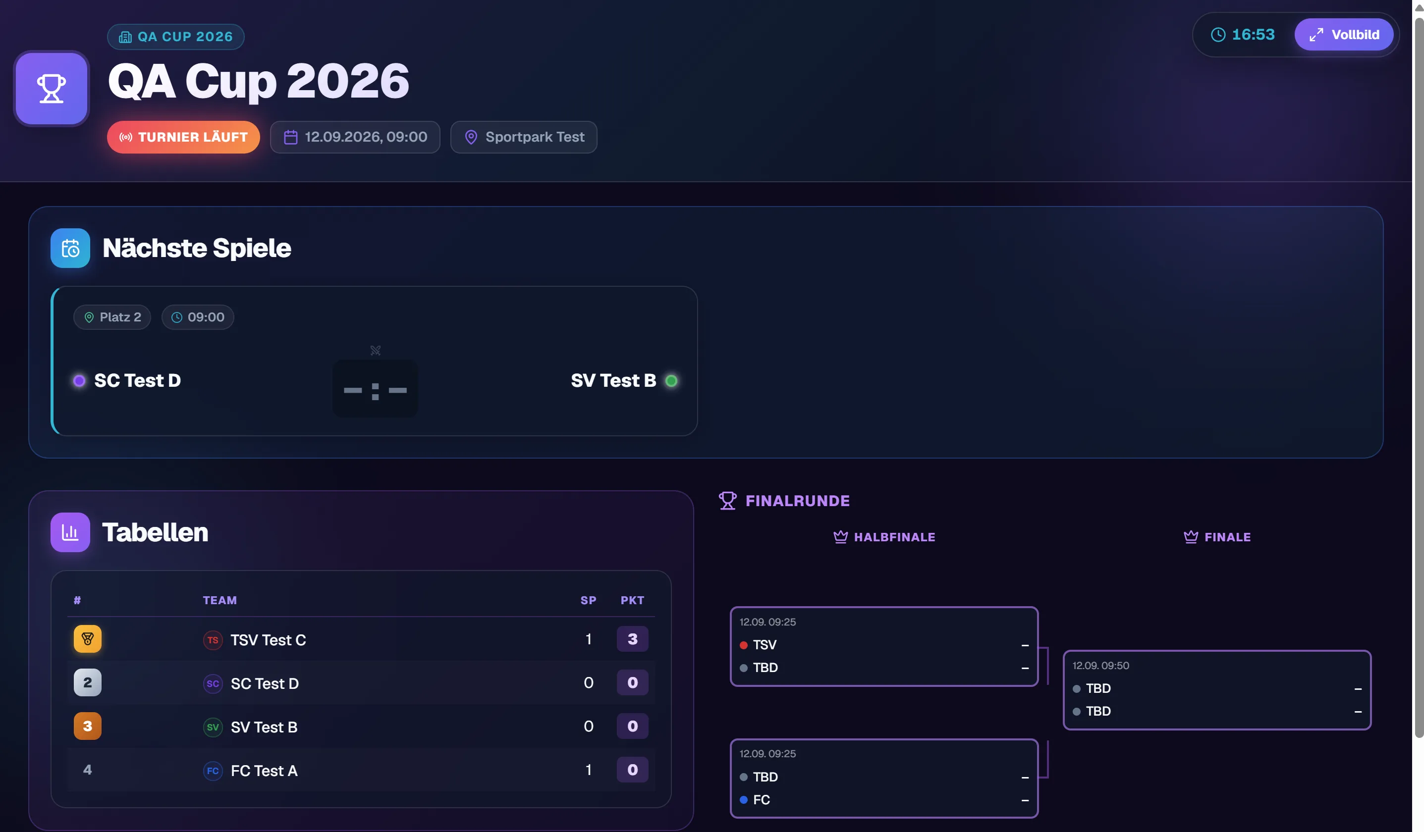 Live-Anzeige mit nächsten Spielen, Tabelle und Finalrunde.