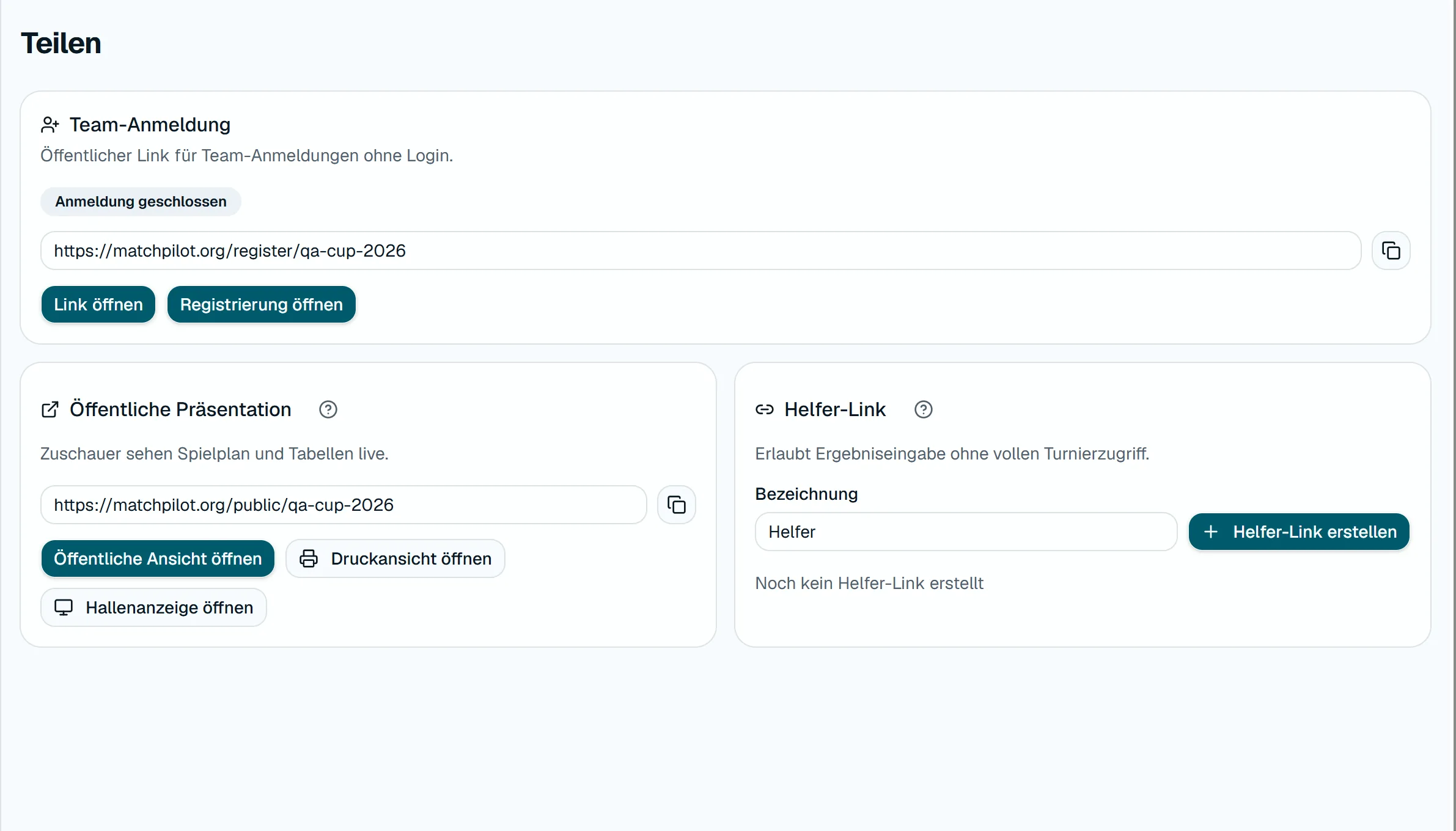 Seite «Teilen» mit Links für Team-Anmeldung, öffentliche Ansicht, Druck, Live-Anzeige und Helfer.