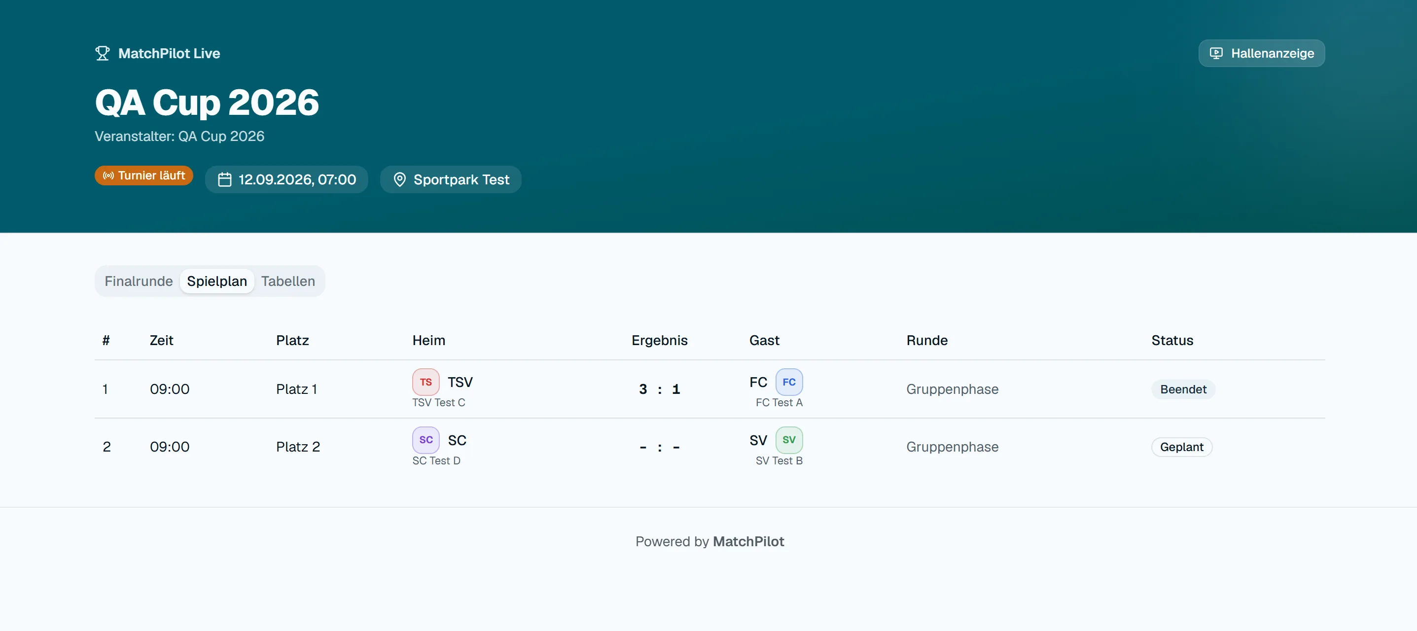 Öffentliche Live-Seite mit Spielplan für Zuschauer ohne Login.