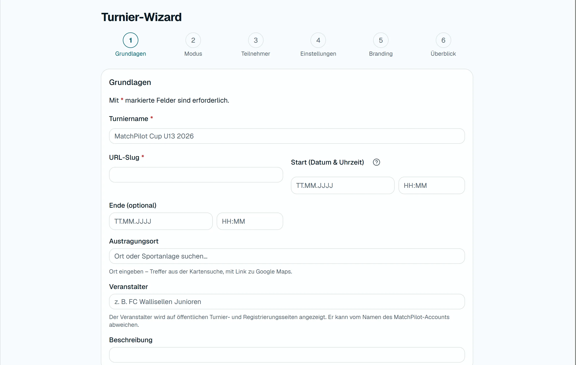 Turnier-Wizard, Schritt Grundlagen: Name, URL-Kurzname, Startzeit, Ort und Veranstalter.